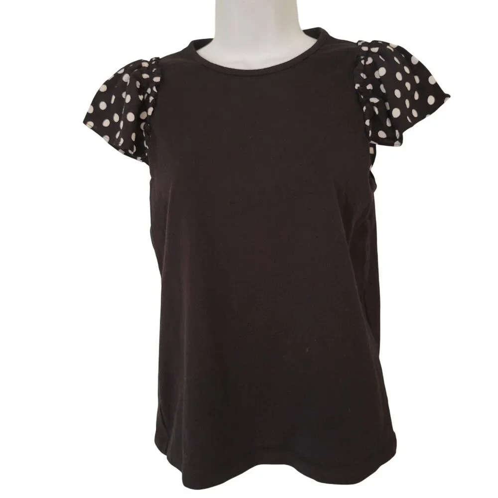 Kate Spade Black Top Ruffle Sleeves XS Blouse‎ LIA Dot Mixed Media Dark Academia